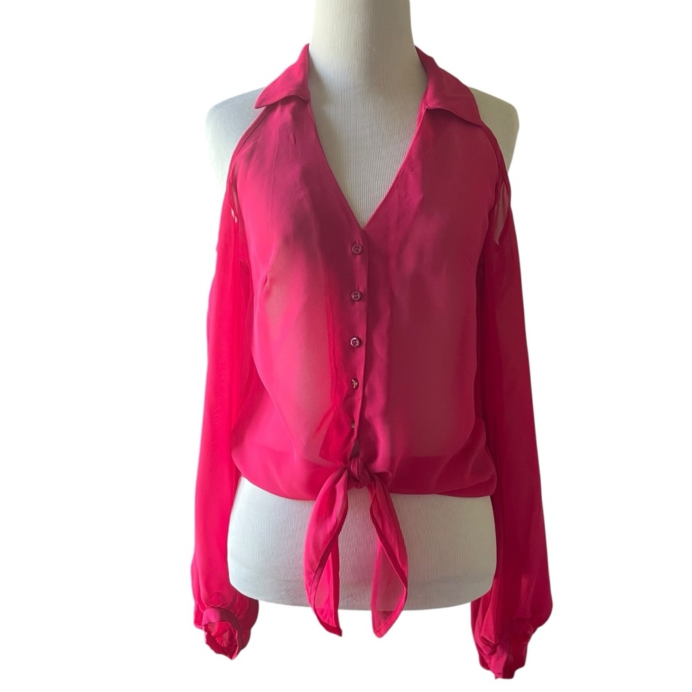 Bebe Women’s Blouse Size XS Hot Pink Tie Sheer Cold Shoulder Sleeves Club